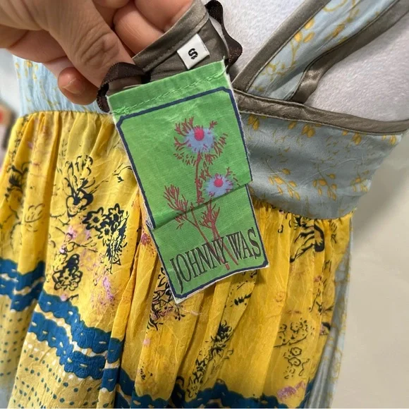 Johnny Was JWLA Boho Maxi Dress Small Rayon Yellow Blue Floral Embroidered - Picture 2 of 8